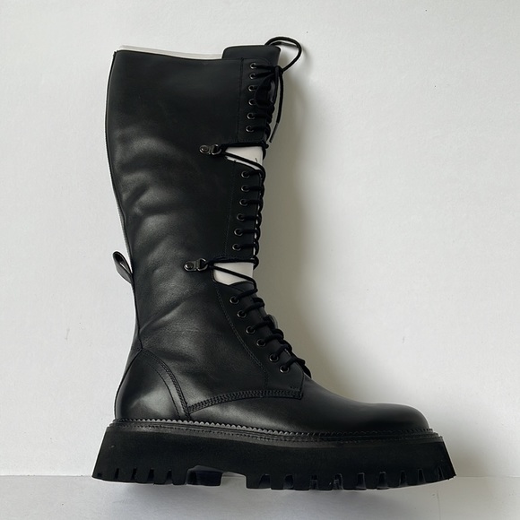 Free People Womens Miller Cut Out Lace Up Knee High Leather combat Boots Black - Picture 9 of 9